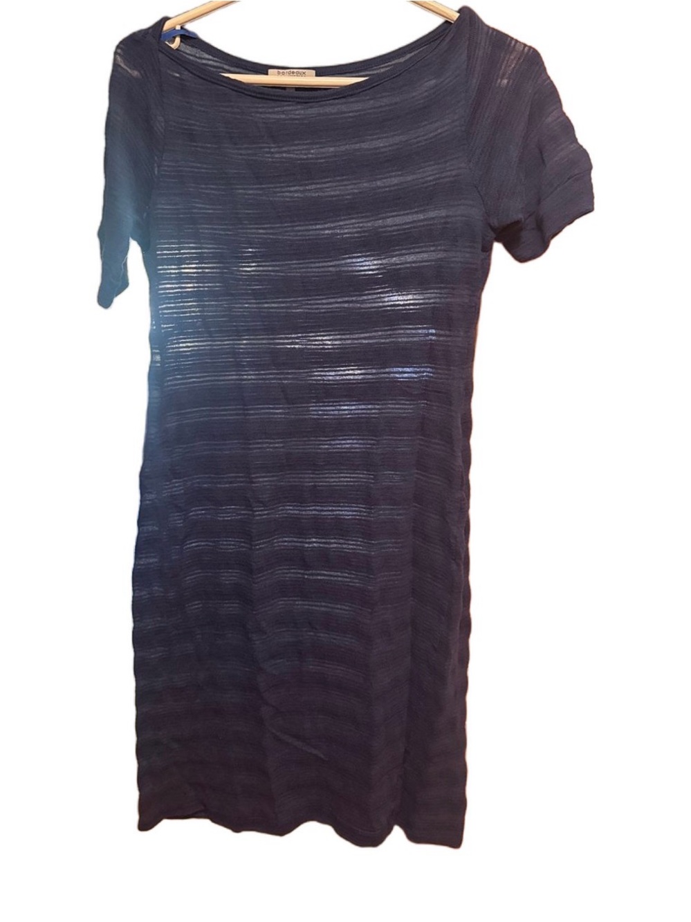 Bordeaux Navy Short-Sleeve Sheer-Stripe Midi Dress